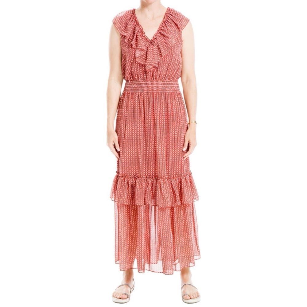 MAX STUDIO Ruffled V-Neck Sleeveless Maxi Dress.Color:RSTBRCRD. New with Tag!